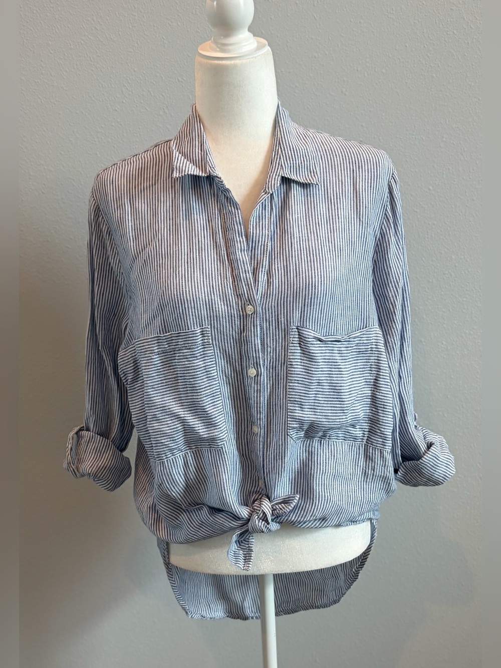 Pure Navy Linen Blue and White Striped Button Down Shirt size Large